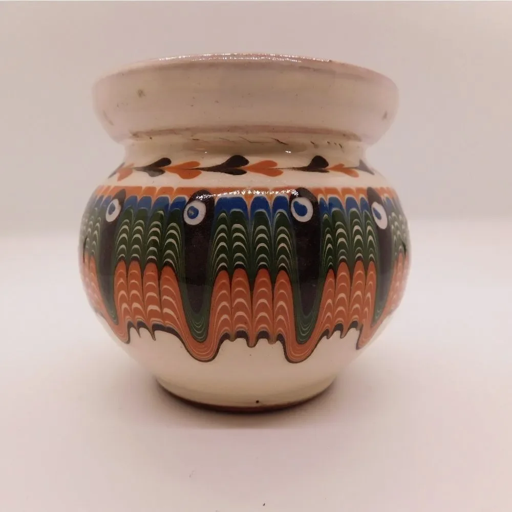 Peacock eye drip redware vase